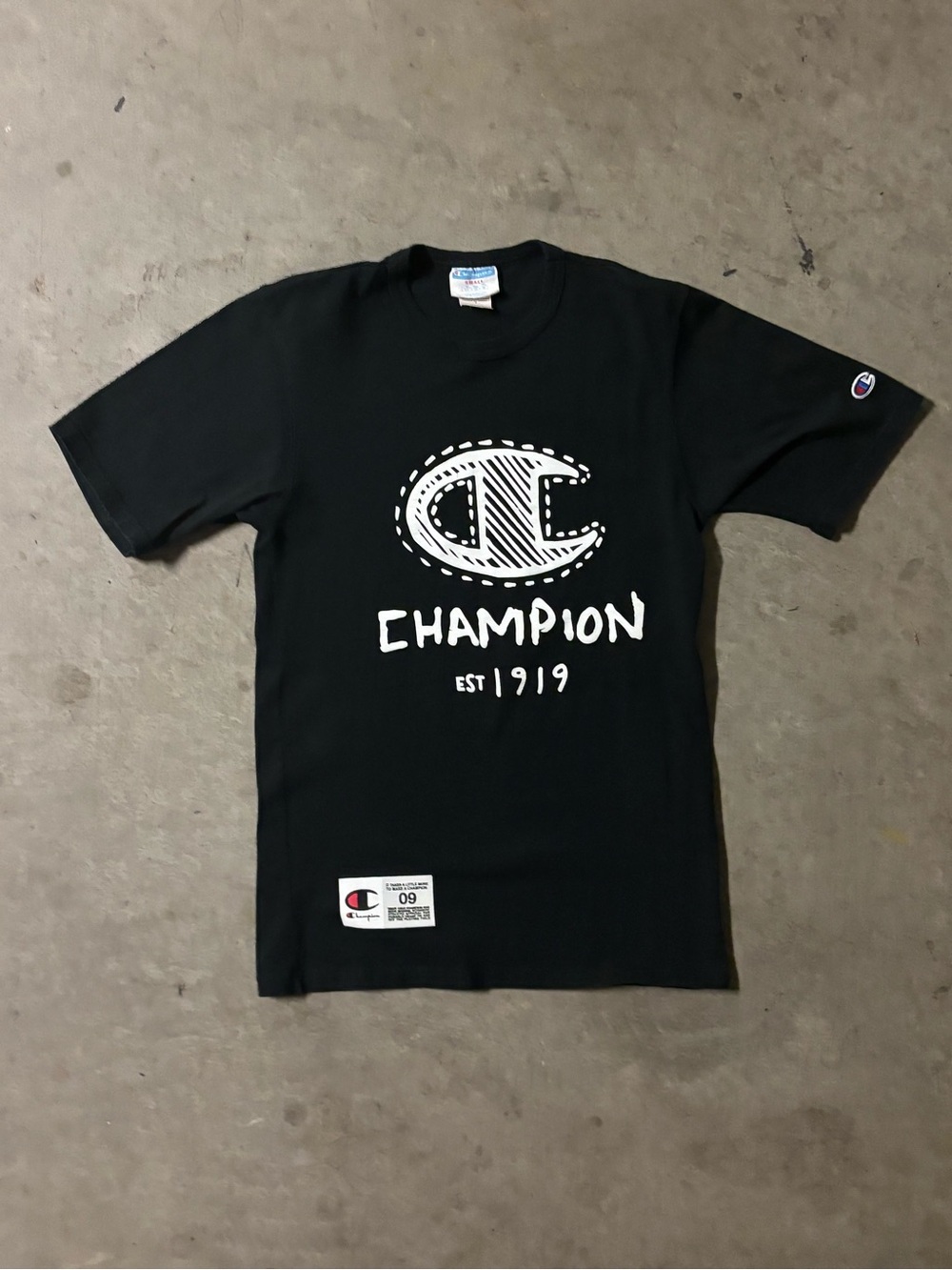 Champion Black Short Sleeve Logo Tee with White Graphic
